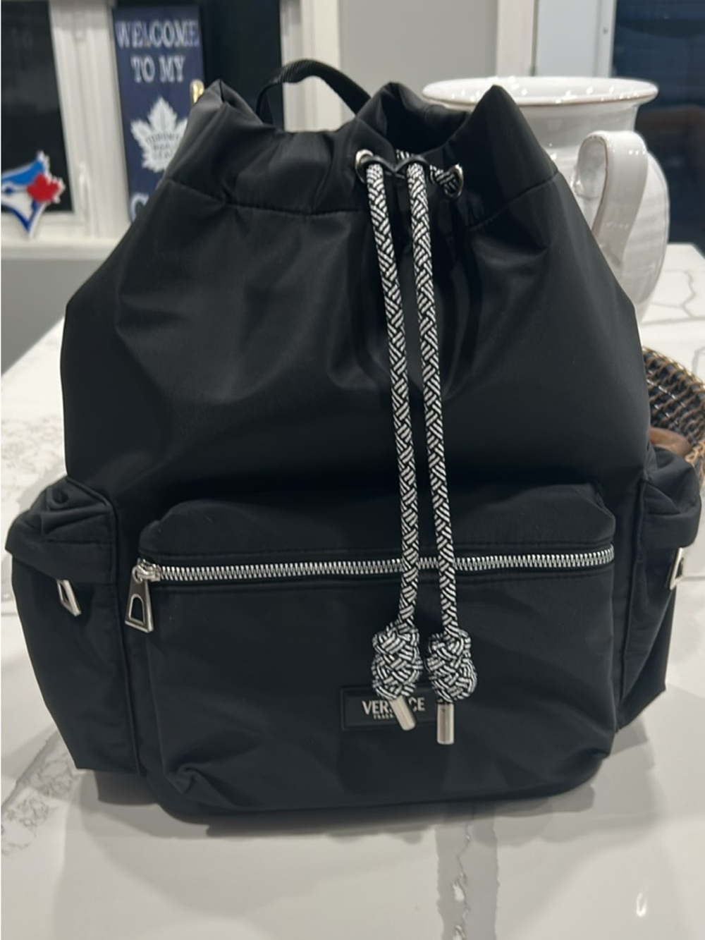 Versace Black Nylon Drawstring Backpack with Contrast Cords- Brand New